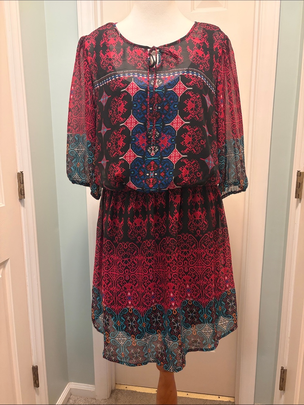 Magenta Blue, Black and white Printed Long Sleeve Peasant Dress